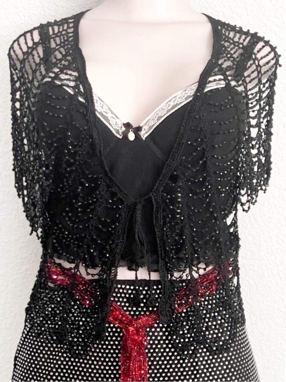 Vintage Space Age Inc Black Beaded Crochet Shrug Bolero Jacket Festival OSFM